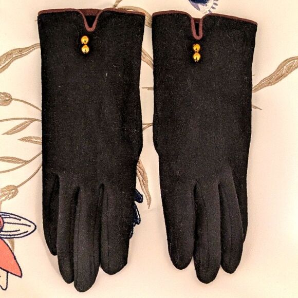 3/$30 Vintage Angora Wool OS Women's Winter Gloves with Gold Beaded Detail - Picture 2 of 4